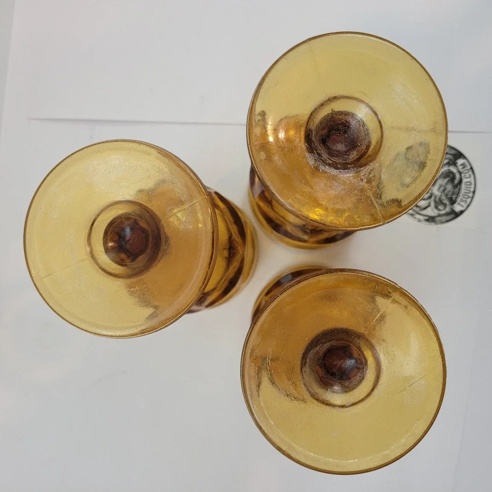 Indiana Glass Whitehall Amber Goblets Vintage Set of 3 Cubist Footed Glasses